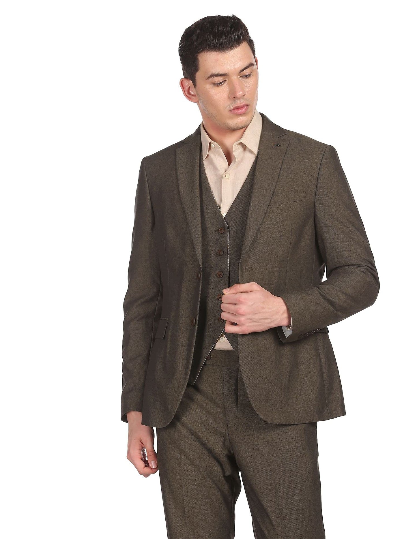 Arrow Polyester Men Brown Tailored Regular Fit Three Piece Suit Business Pants Set (ARADSU5556 44)