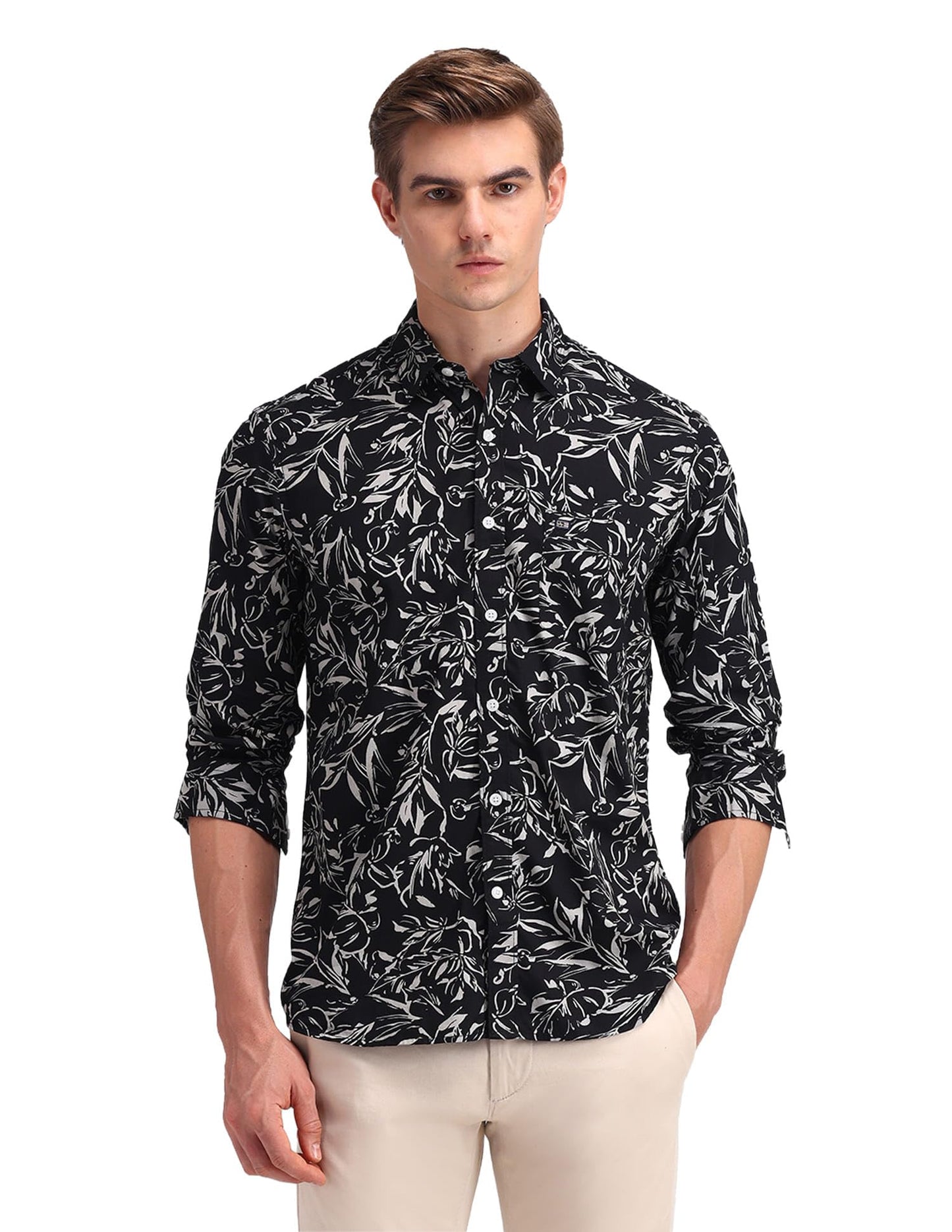Arrow Men's Printed Full Sleeve Slim Fit Point Collar Cotton Casual Shirt White