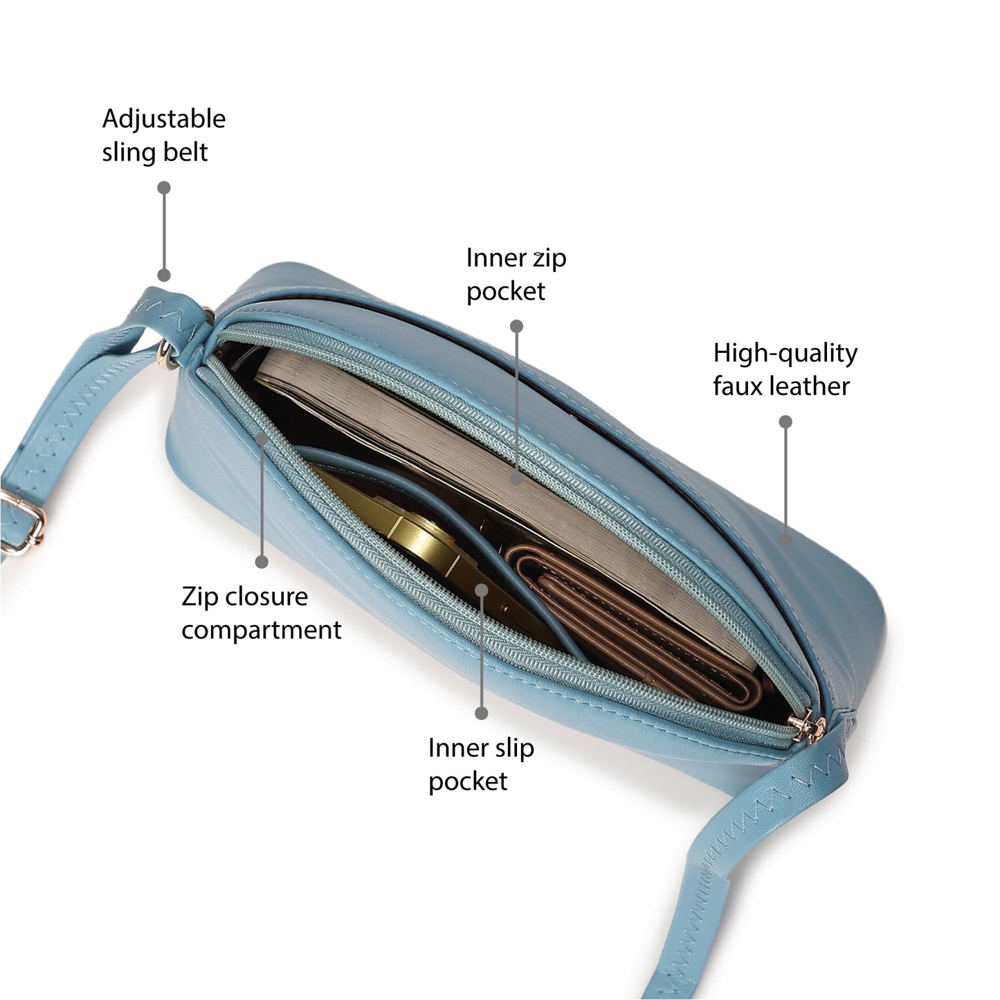 Fastrack Sling Bag For Women | Faux Leather Sling With Adjustable Belt and Quick Access Pocket | Zip Closure and Spacious Interior | Trendy Handbags, Blue