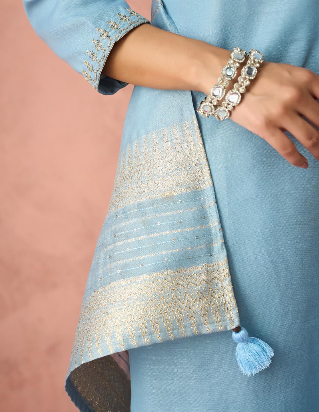 Hritika Blue Cotton Blend Sequined Embroidered Kurta with Pant and Dupatta_HRKBD0219LBLUE_M