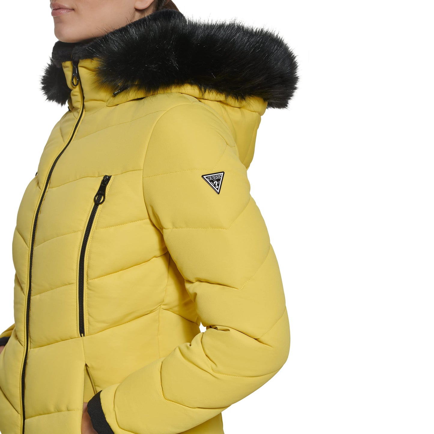 GUESS Women's Cold Weather Hooded Puffer Coat, Highlighter, XL