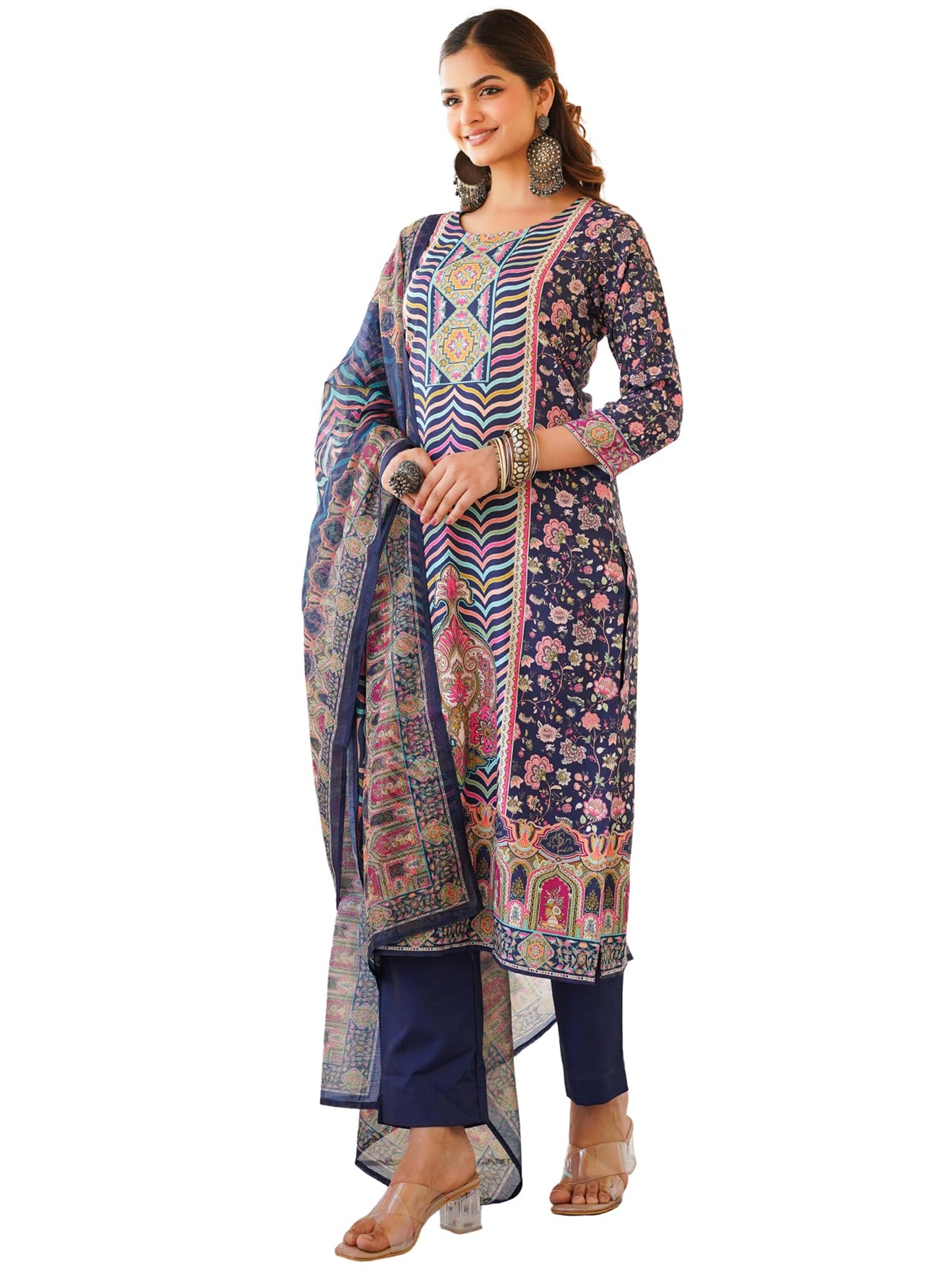 Vaamsi Women's Blue Rayon Printed Straight Kurta Pants With Dupatta Set | Festive Straight Kurta Set For Women | Printed Salwar Suit For Women (SKSKD3049, XL)