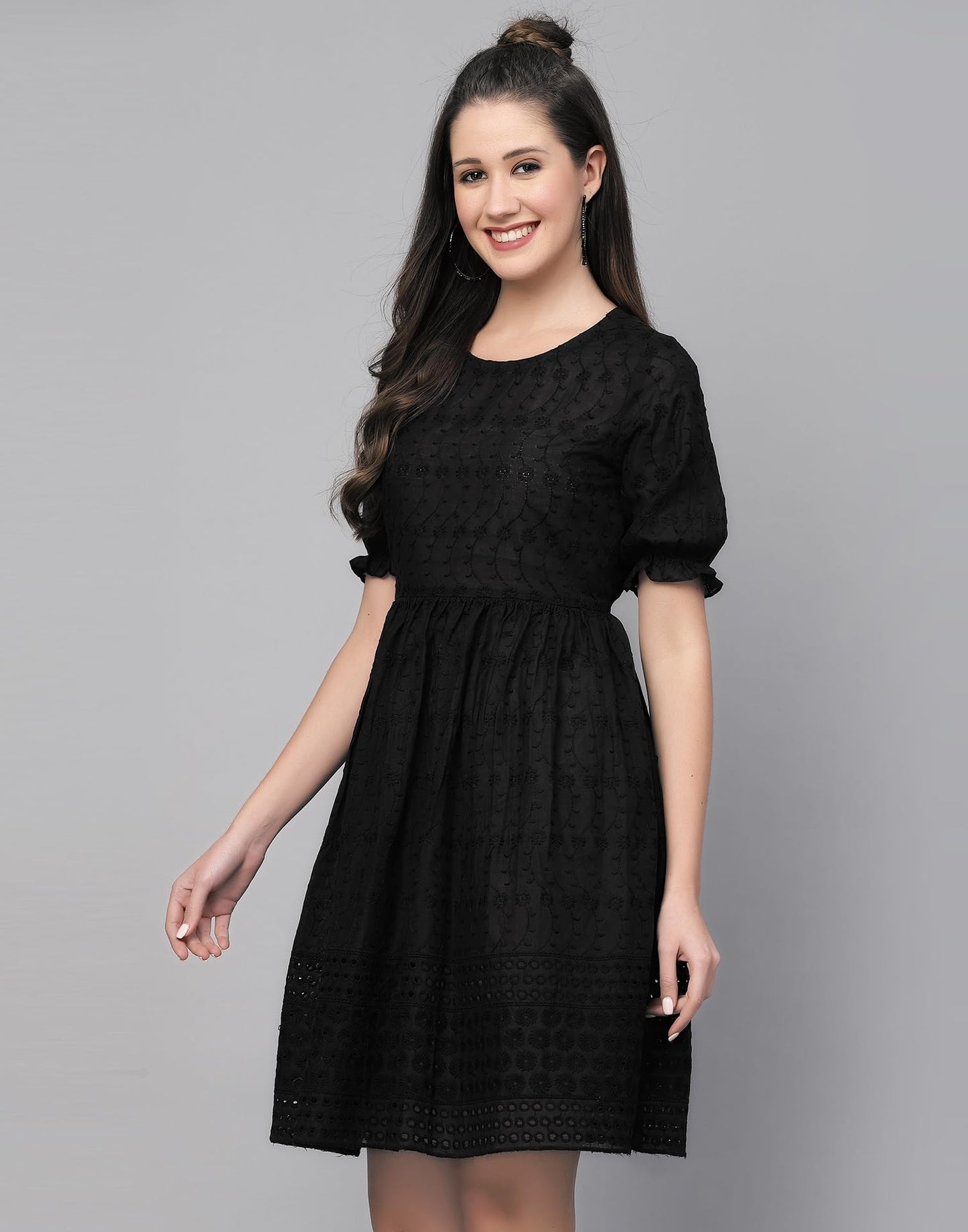 SIRIL Western Dress | Cotton Embroidery Dress for Women | One Piece Dress for Women (443TK7431-M_Black)