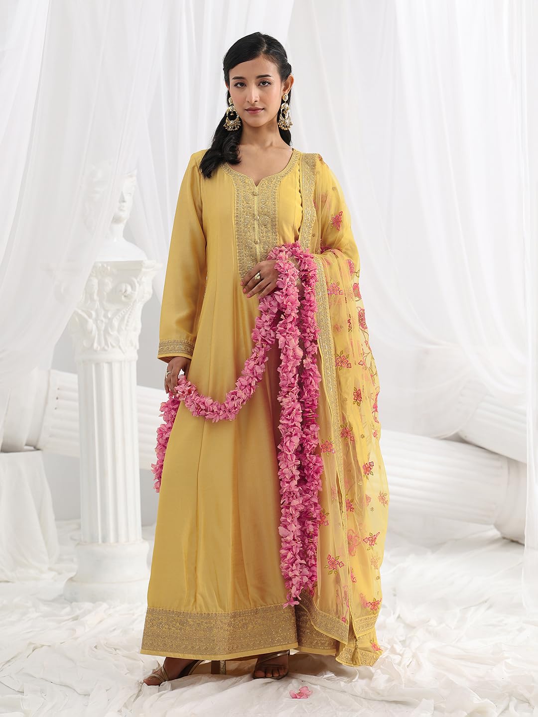 Libas Embroidered Silk Blend A-Line Ethnic Dress with Dupatta-93636M
