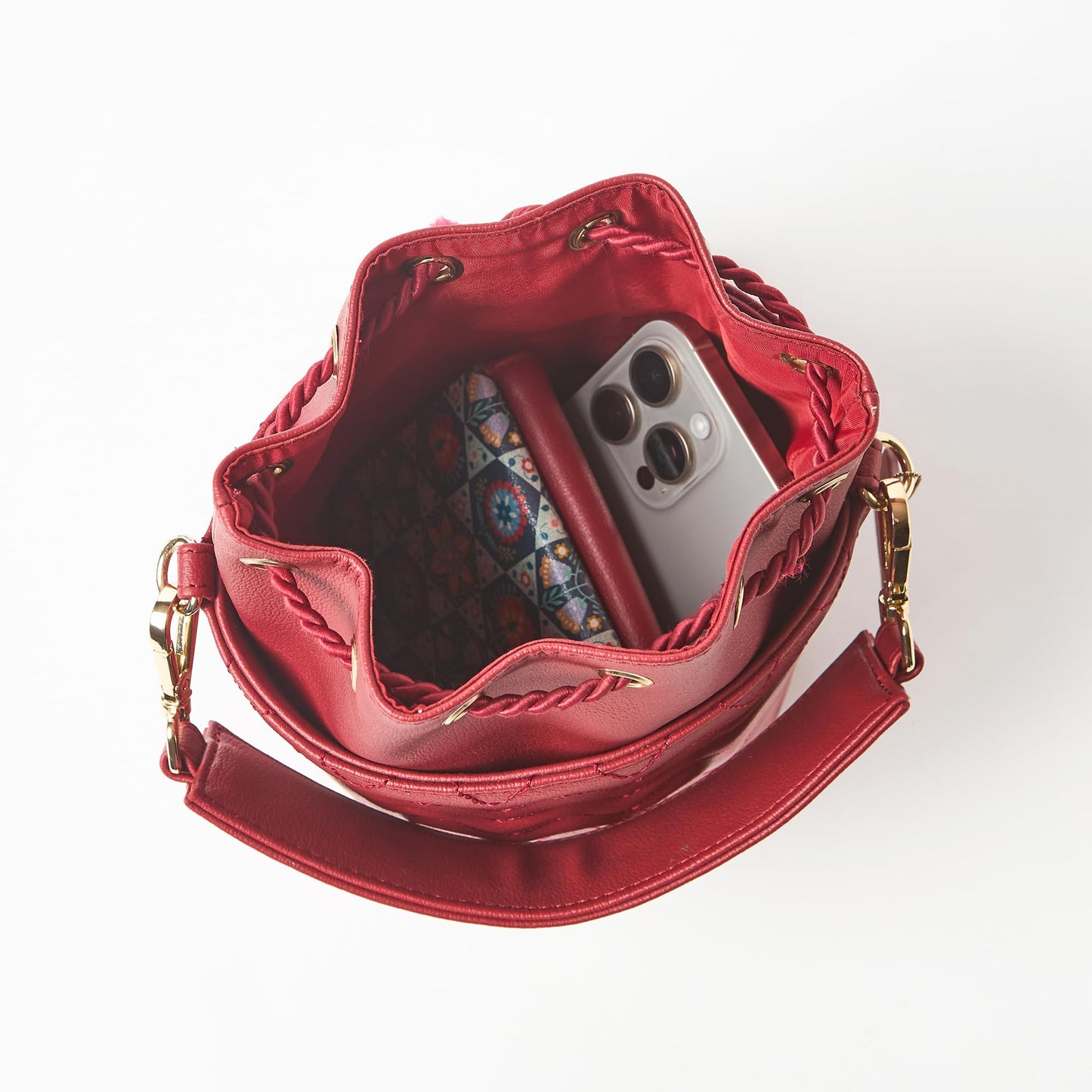 Chumbak Maroon Crossbody Sling Bag for Women, Drawstring Closure, Palace Memoirs Collection, Stylish Designer Handbag Purse Wallet Sling Tote, Everyday Casual Ethnic Travel Office Use