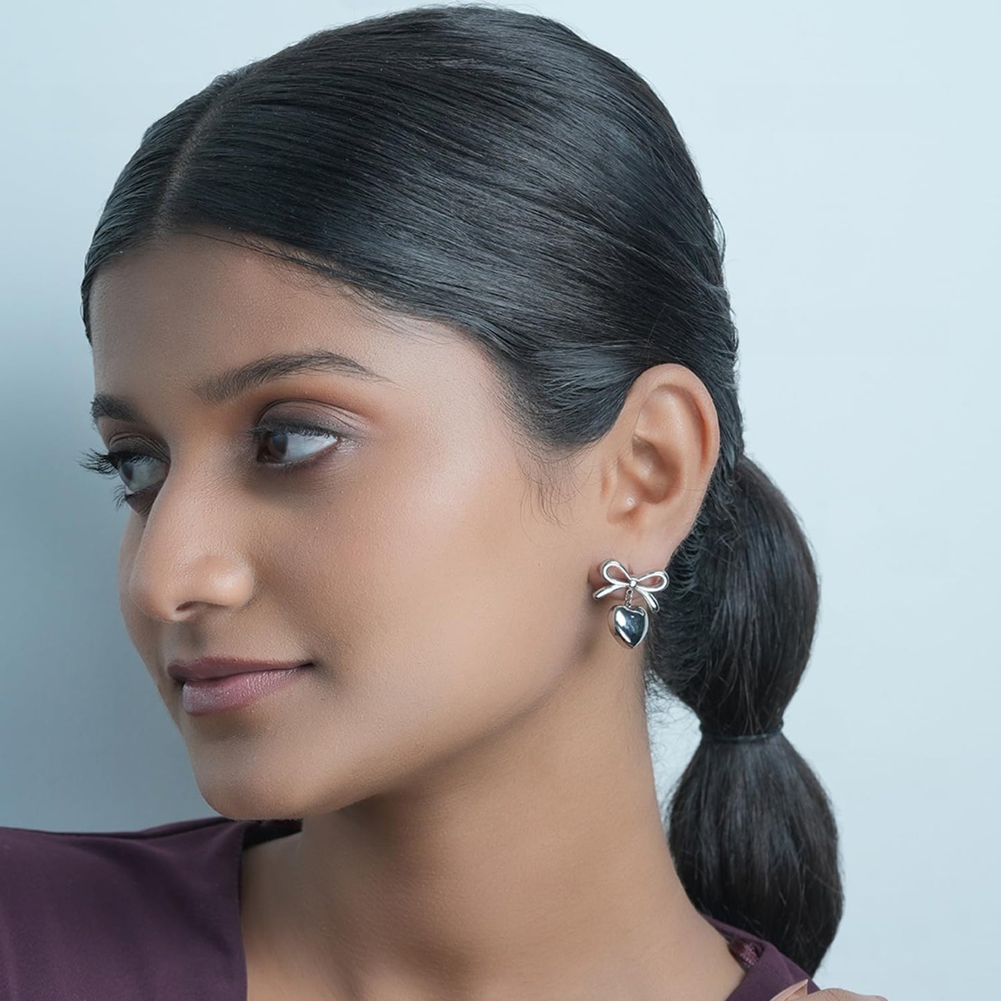 Aaishwarya 18K Silver Plated, Waterproof, Anti-Tarnish, Stainless Steel, Bow and Heart Drop Stud Earrings | Gift for Women and Girls