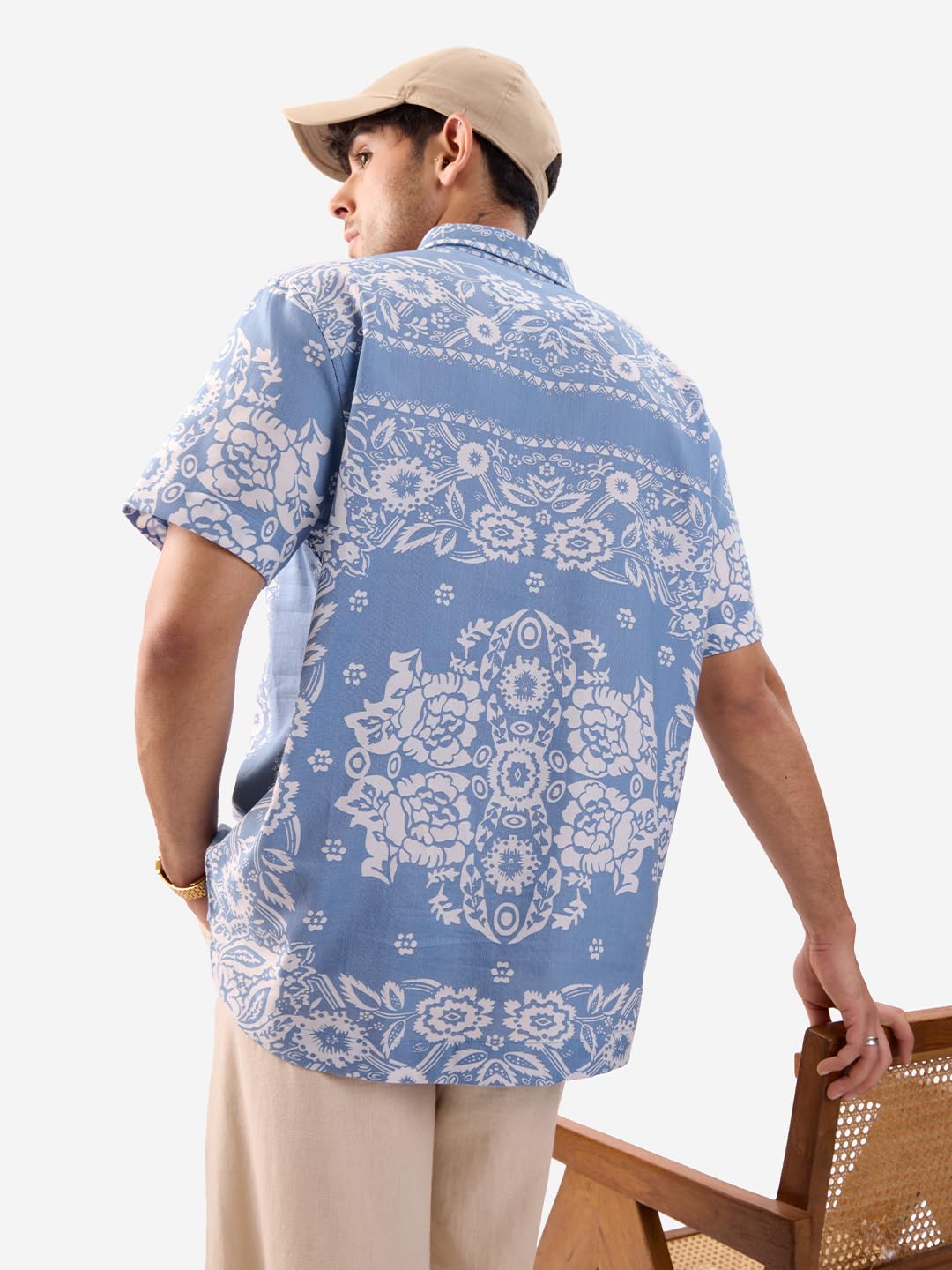 The Souled Store Wildflower Men and Boys Short Sleeves Collared Neck Button Front Blue All Over Printed Viscose Blend Holiday Shirts