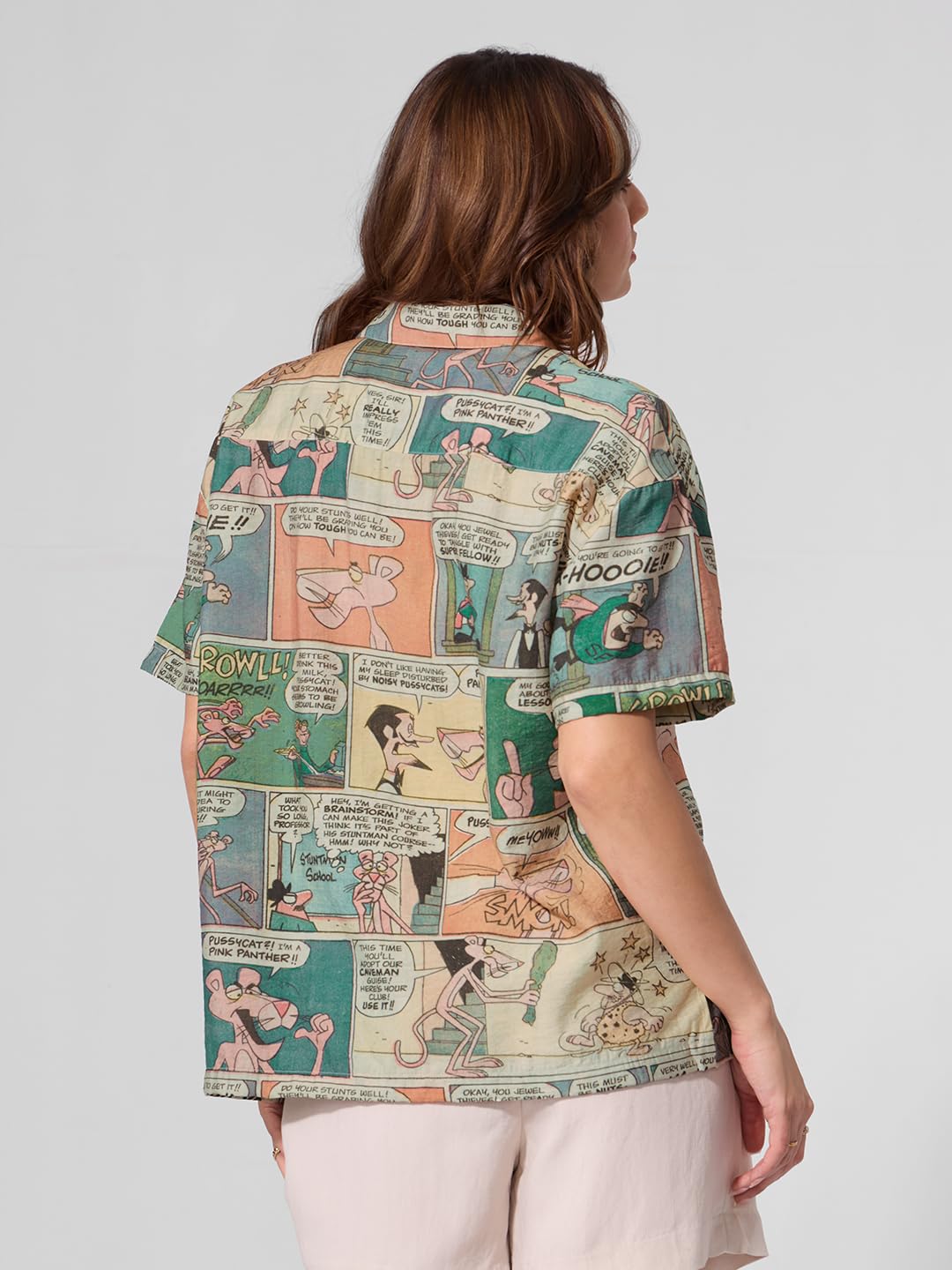 The Souled Store Pink Panther: Comics Women and Girls Short Sleeves Collared Neck Button Front Multicolour All Over Printed Viscose Blend Regular Fit Holiday Shirts