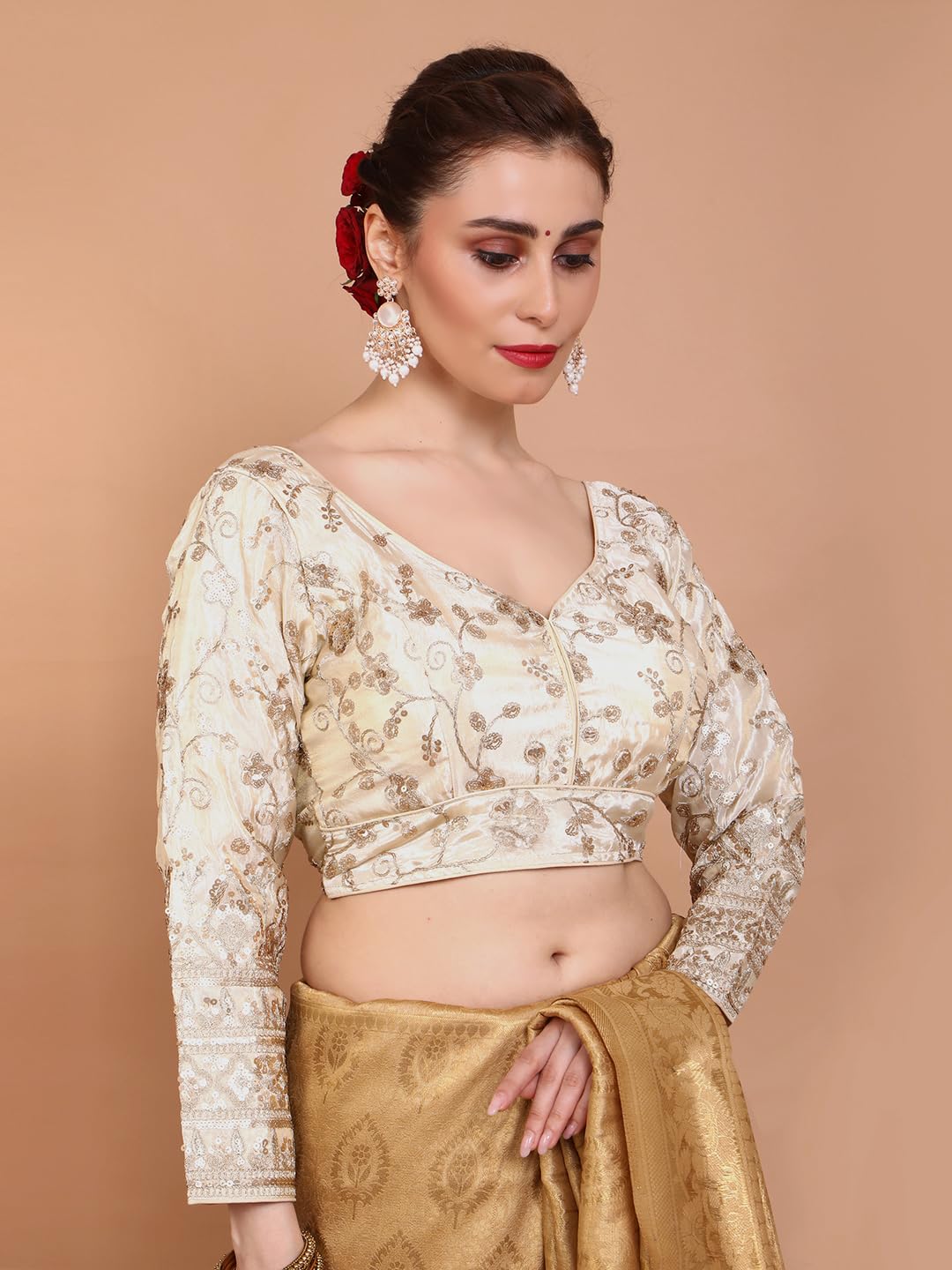 S SALWAR STUDIO Cream Tissue Embroidered Readymade Alterable Blouse