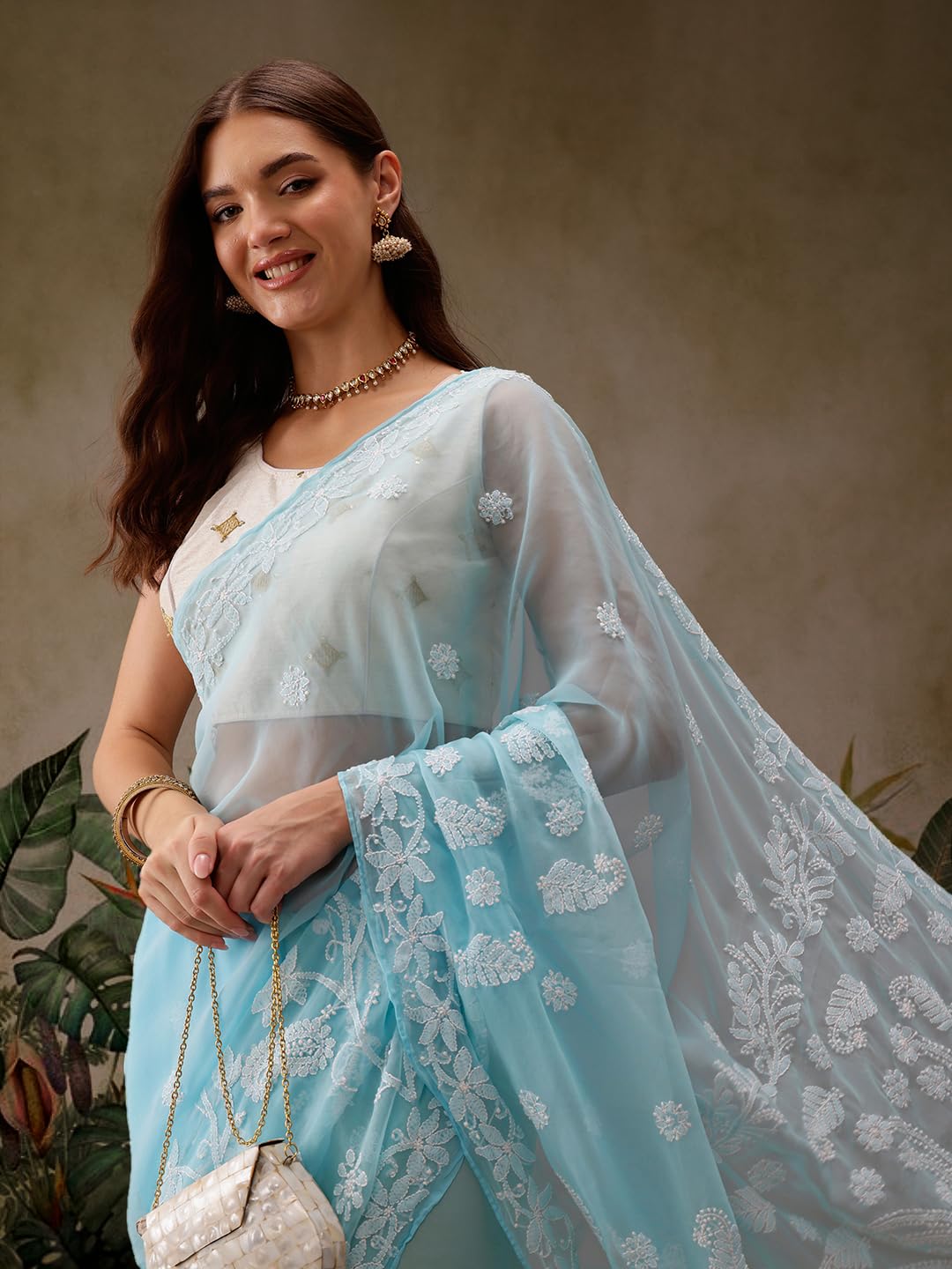 Ada Women's Hand Embroidered Faux Georgette Saree with Blouse Piece A130075 Blue