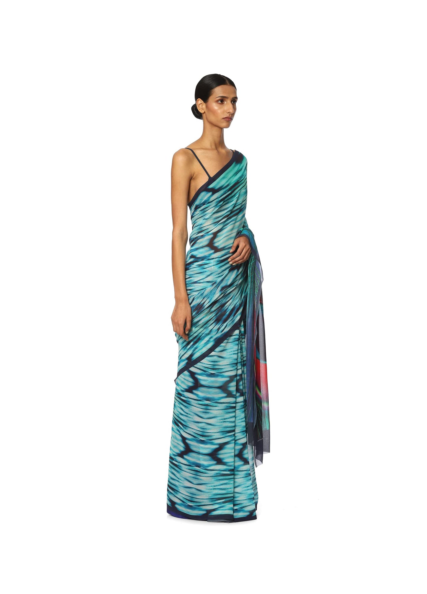 Satya Paul Georgette Blue Mist Printed Silk Sari