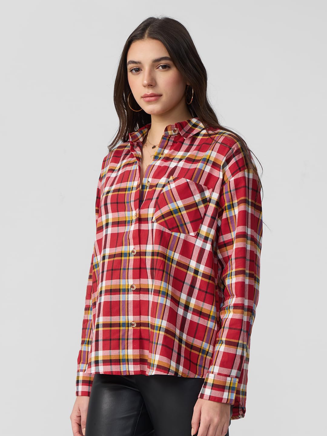 The Souled Store Plaid Shirt: Phlox Women and Girls Long Sleeves Collared Neck Button Front Cotton Boyfriend Shirts