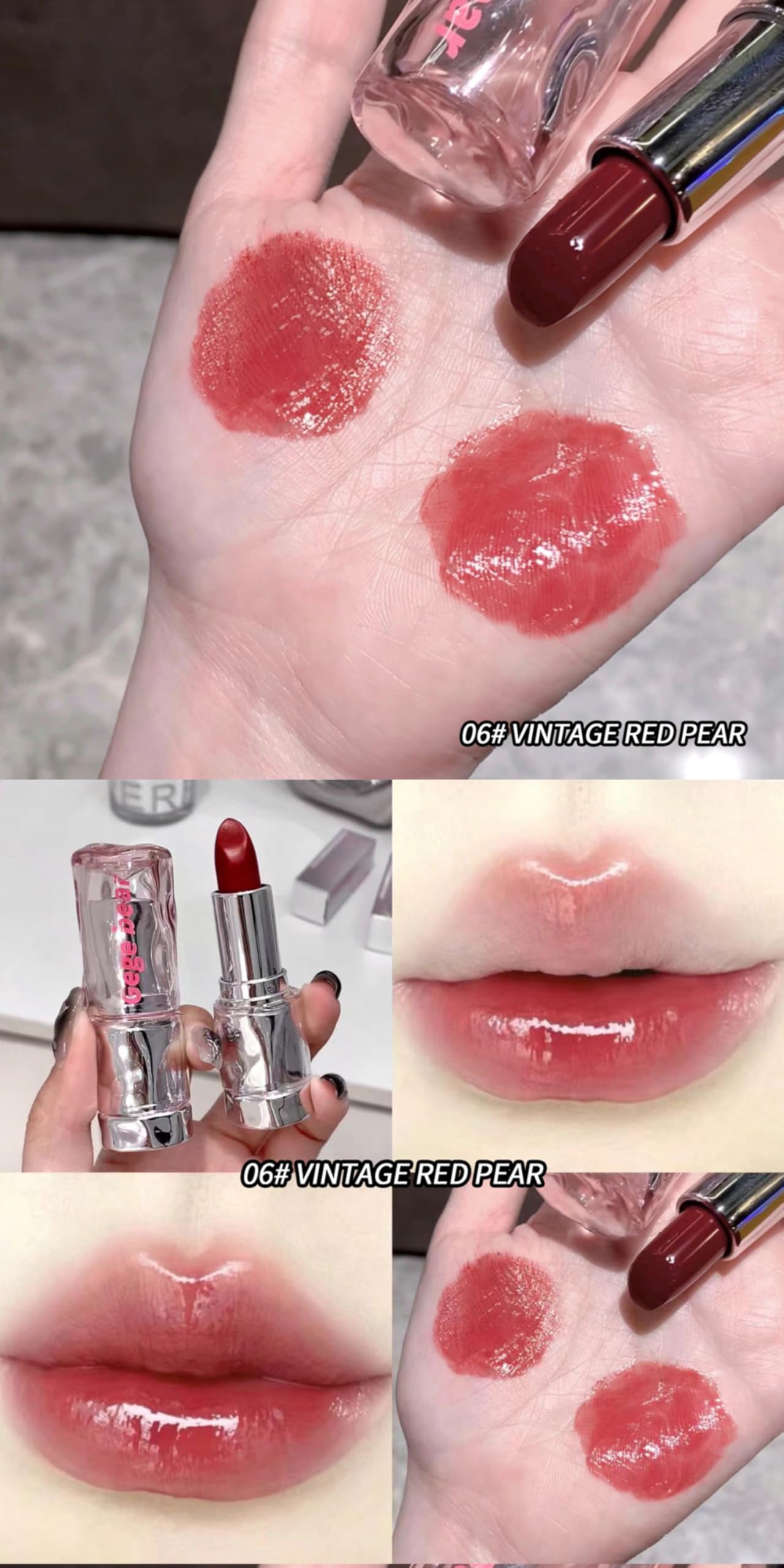 Gege Bear Light and Hydrating Lipstick for Women – Lightweight, Moisturizing, | Available in 6 Shades | Long-Lasting, High-Pigment Lip Gloss | Hydrating and High Shine Makeup | A Perfect Mix of Lip Balm & Lip Tint | (06-VINTAGE RED PEAR, 3.8g)