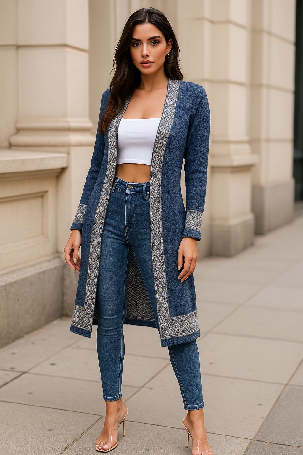 Women Woolen Log Sweater || Long Shrugs || Printed Woollen Coat || Open Front Longline Shrug Cardigan (in, Alpha, XL, Border Navy)