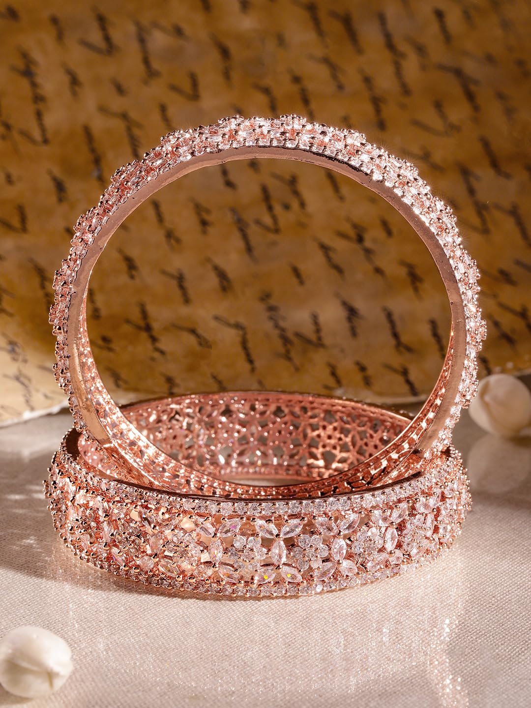 Rubans Womens Set of 2 Rose Gold Plated Zirconia Stone Studded Bangles