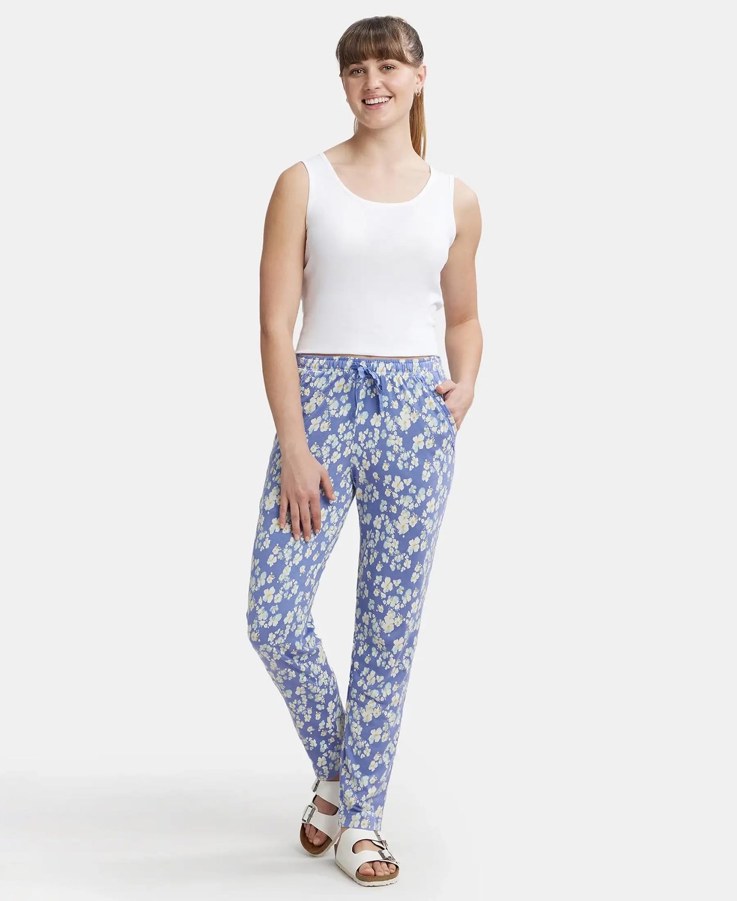 Jockey Women's Straight Fit Pants (RX09_Iris Blue Assorted Prints_Large_Iris Blue_Large)