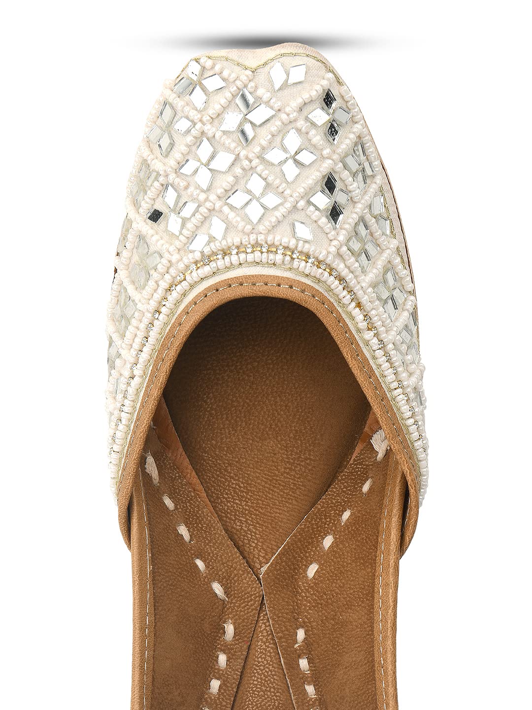 DESI COLOUR Leather Mojari Punjabi Jutti for Women Ethnic Footwear- Mirror (White, numeric_7)
