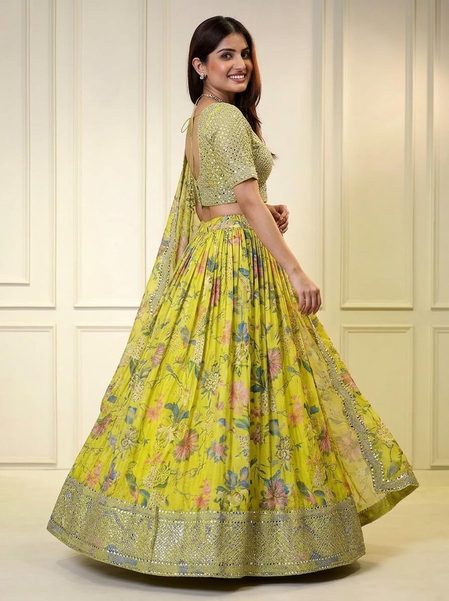 JIHU CULTURE Yellow Digital Print with Sequence Zari Embroidery Work Semi-Sttiched Lehenga Choli Set For Women's
