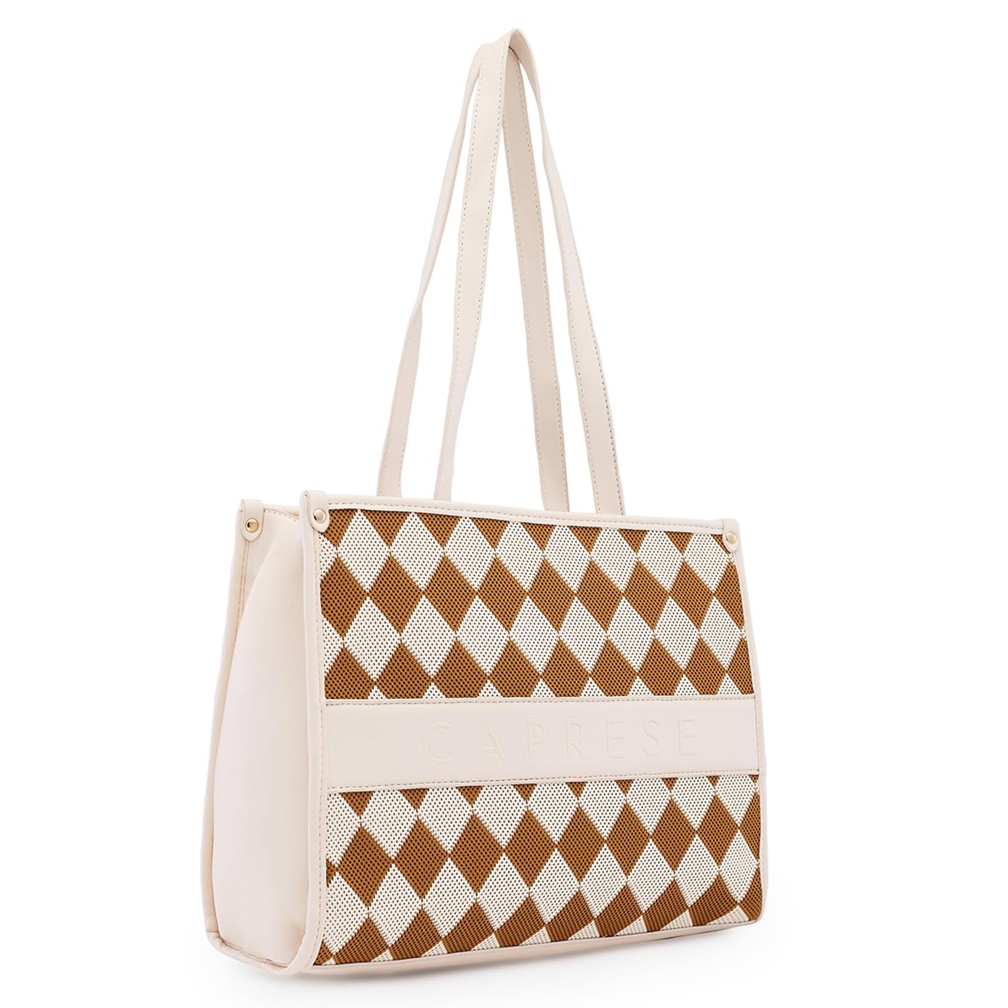 Caprese Checker Tote Bag, Medium-Cream | Stylish Handbag for Women | Spacious, Versatile Office & Daily Essentials Tote | Top Zip Closure