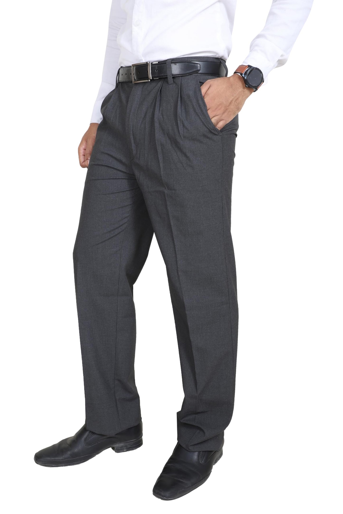 Particle Men’s Double-Pleated Regular Fit Formal Trousers – Textured Salt & Pepper Melange – Structured Cotton Blend Pants (Waist 32-46), Slate Melange Grey, 46
