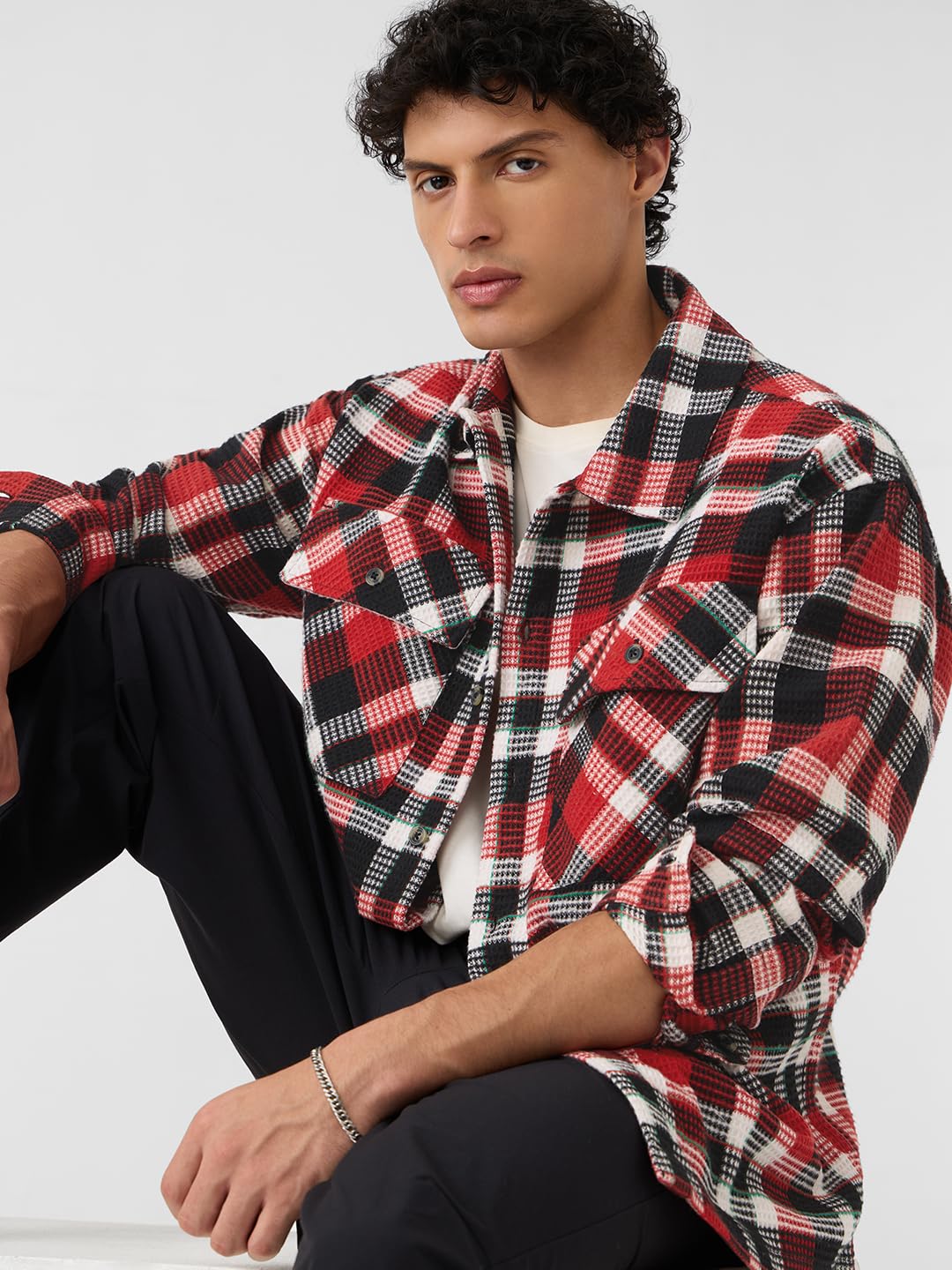The Souled Store Plaid Shacket: Volcano Men and Boys Long Sleeves Collared Neck Button Front Red Cotton Blend Oversized Shackets