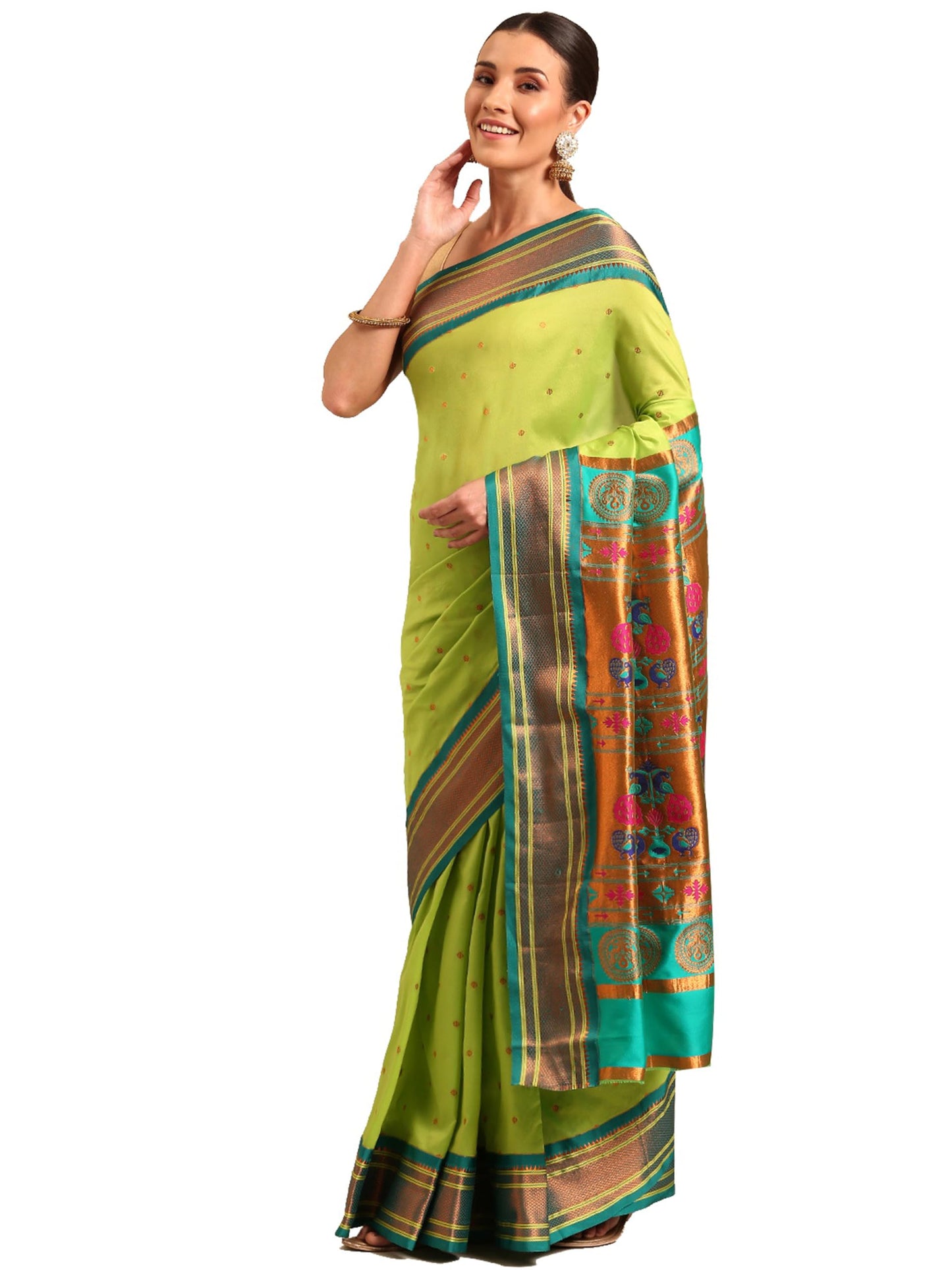 Varkala Silk Sarees Women's Kadiyal Soft Silk Maharani Paithani Saree With Blouse Piece (V241A316-COPR_Parrot Green & Rama)