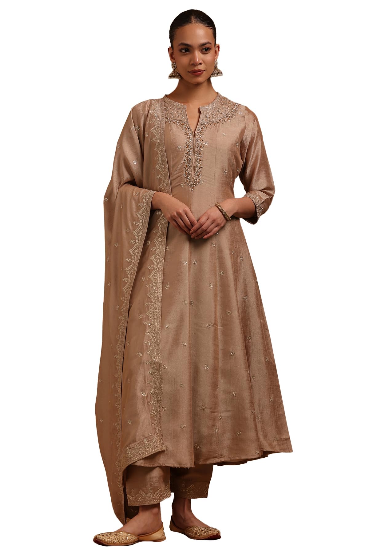Soch Womens Beige Vichitra Zari Embroidered Salwar Suit With Sequins