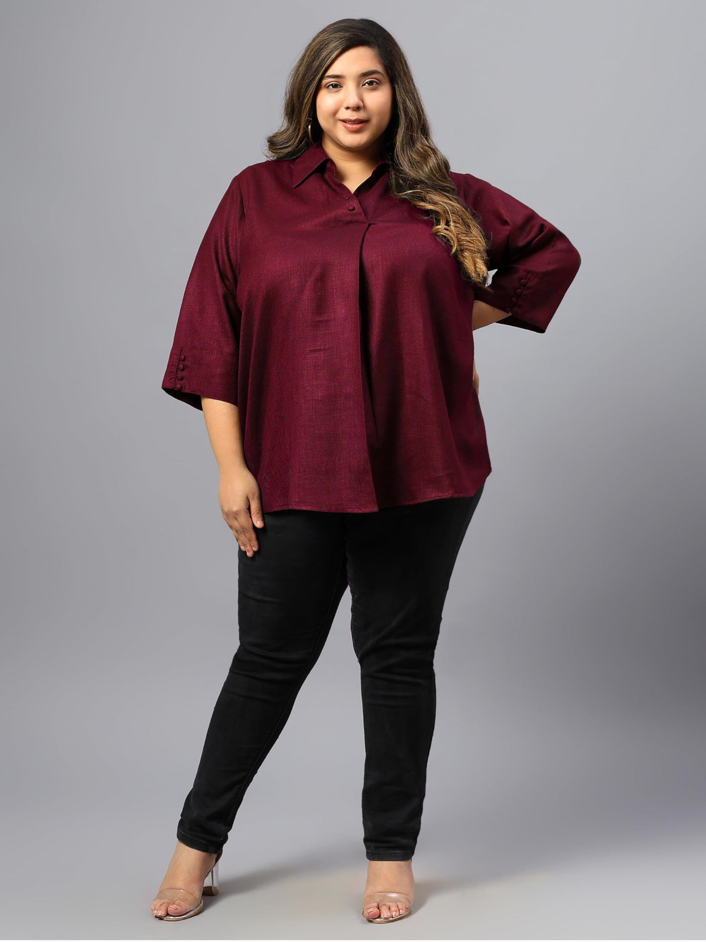 Indietoga Women Plus Size Silk Wool Blend Centre Pleat Winter Wear Tunic Tops (P10001668_Maroon Solid_XL)