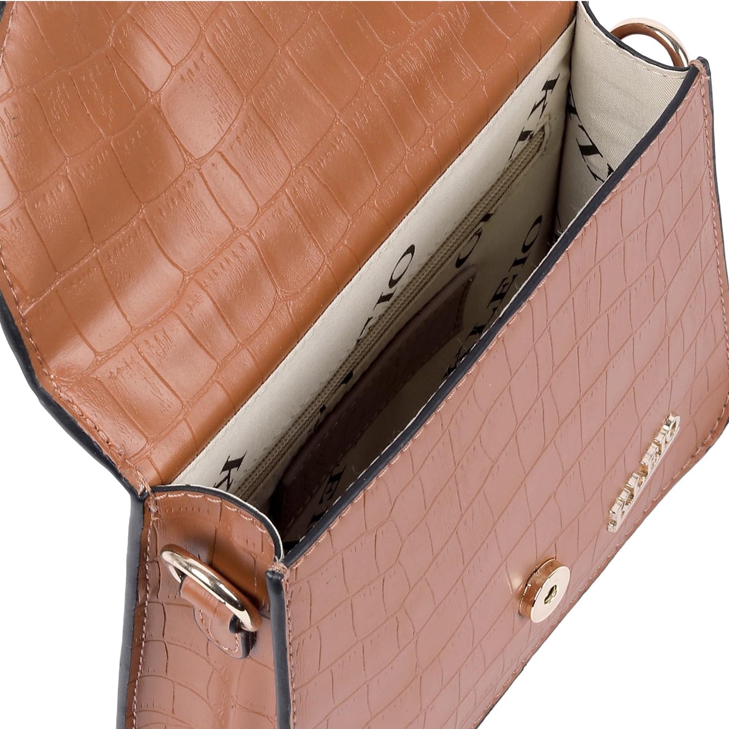 KLEIO Croco Textured Mini Top Handle Handbag (Tan)