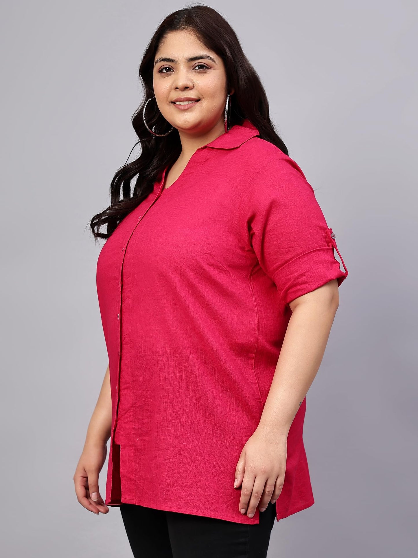 Indietoga Women's Plus Size Cotton Longline Casual Shirt (P10001508_Pink Solid_XL)