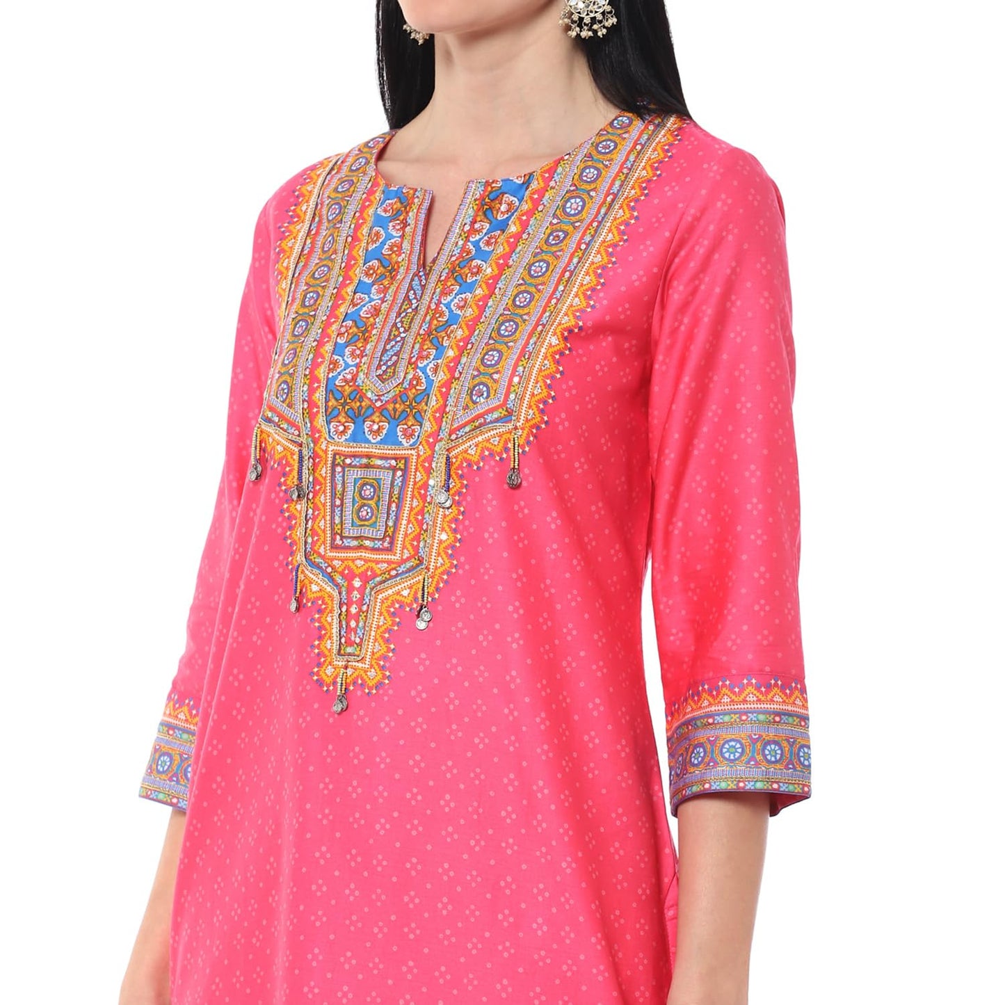 BIBA Women PRINTED STRAIGHT KURTA SALWAR KURTA DUPATTA(SKDINDIE BOHO9454_FUCHSIA_42)