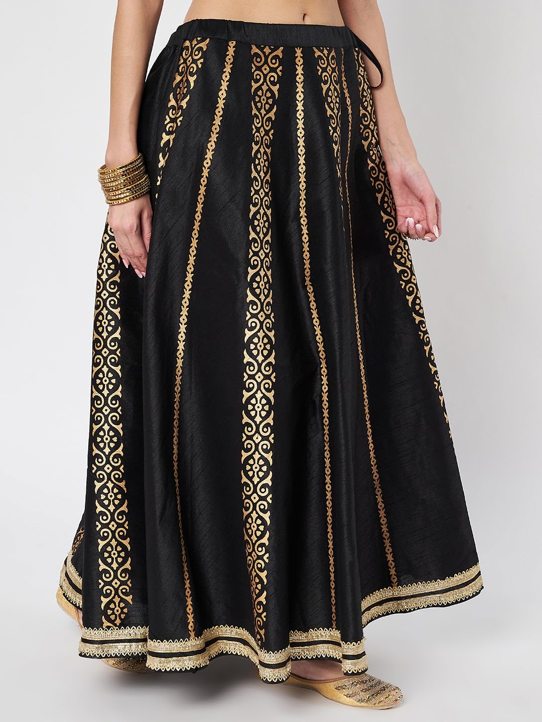 studio rasa Women's Dupion Hand Block Printed Embellished Bias Skirt for Festive Party Wedding (SKTC42505L_Black_Large)