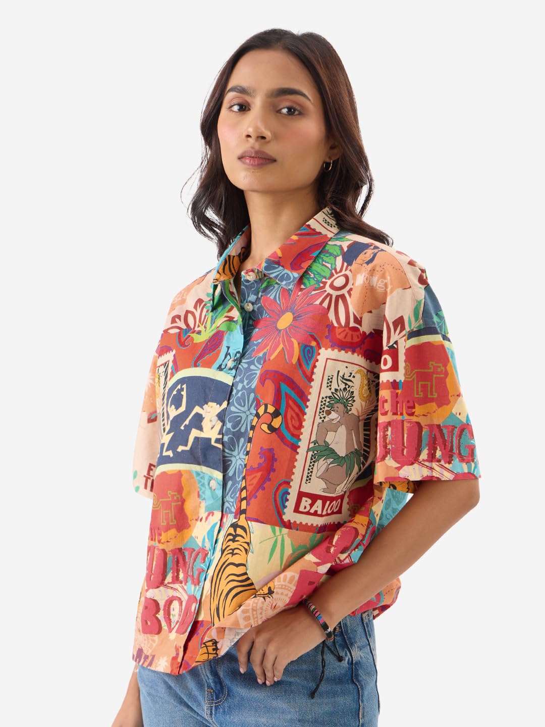 The Souled Store Official Jungle Book: Indie Vibe Women and Girls Short Sleeve Collared Neck Buttoned Front Oversized Fit Cotton Summer Shirts Multicolour