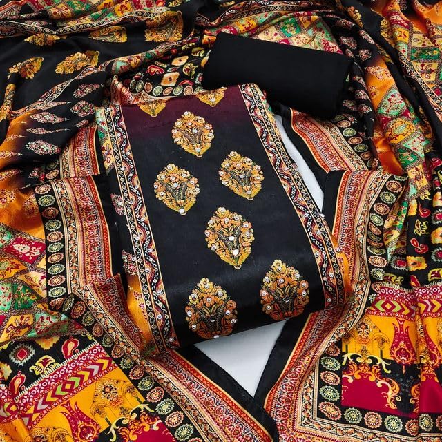 VARNI FABRICS Chinnon Dress Material for Women Pakistani Print Unstitched Woman Salwar Suit Dress Material With Chinnon Dupatta Black