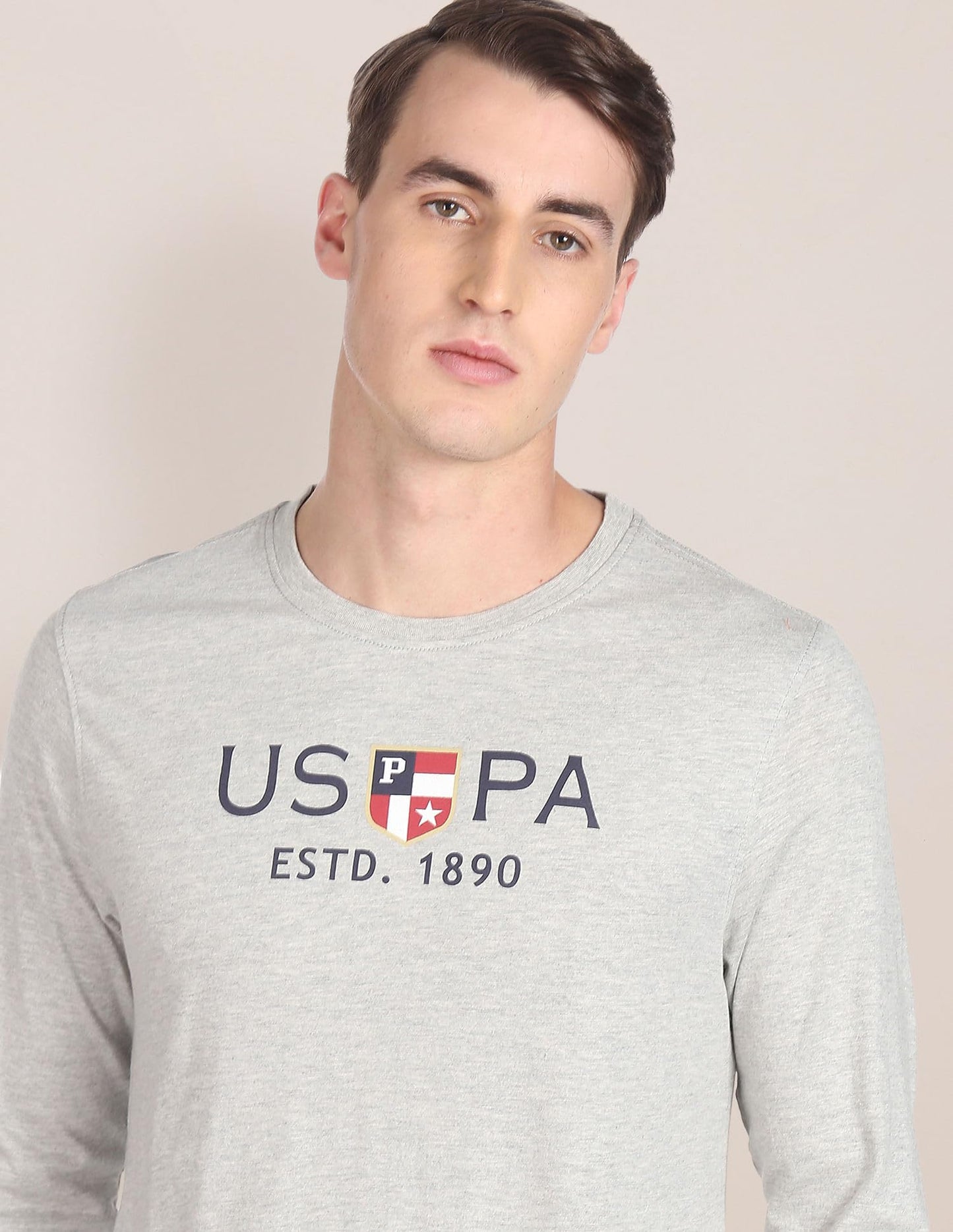 U.S. POLO ASSN. Men's Crew Neck Long Sleeve Brand Print Cotton T-Shirt (USTSHS1388_Grey_L)