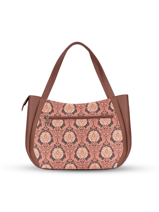 ZOUK Jodhpur Damask Motif Printed Jute Handcrafted Vegan Leather Brown Women's Shoulder Luna Handbags | Ladies Purse Handbag