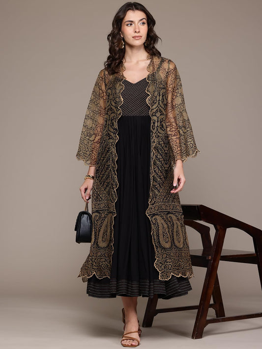 Ritu Kumar Black Flowret Dress with Shrug