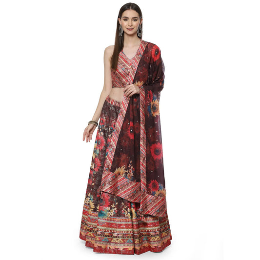 BIBA Women's Chocolate Brown Art Silk Lehenga Set