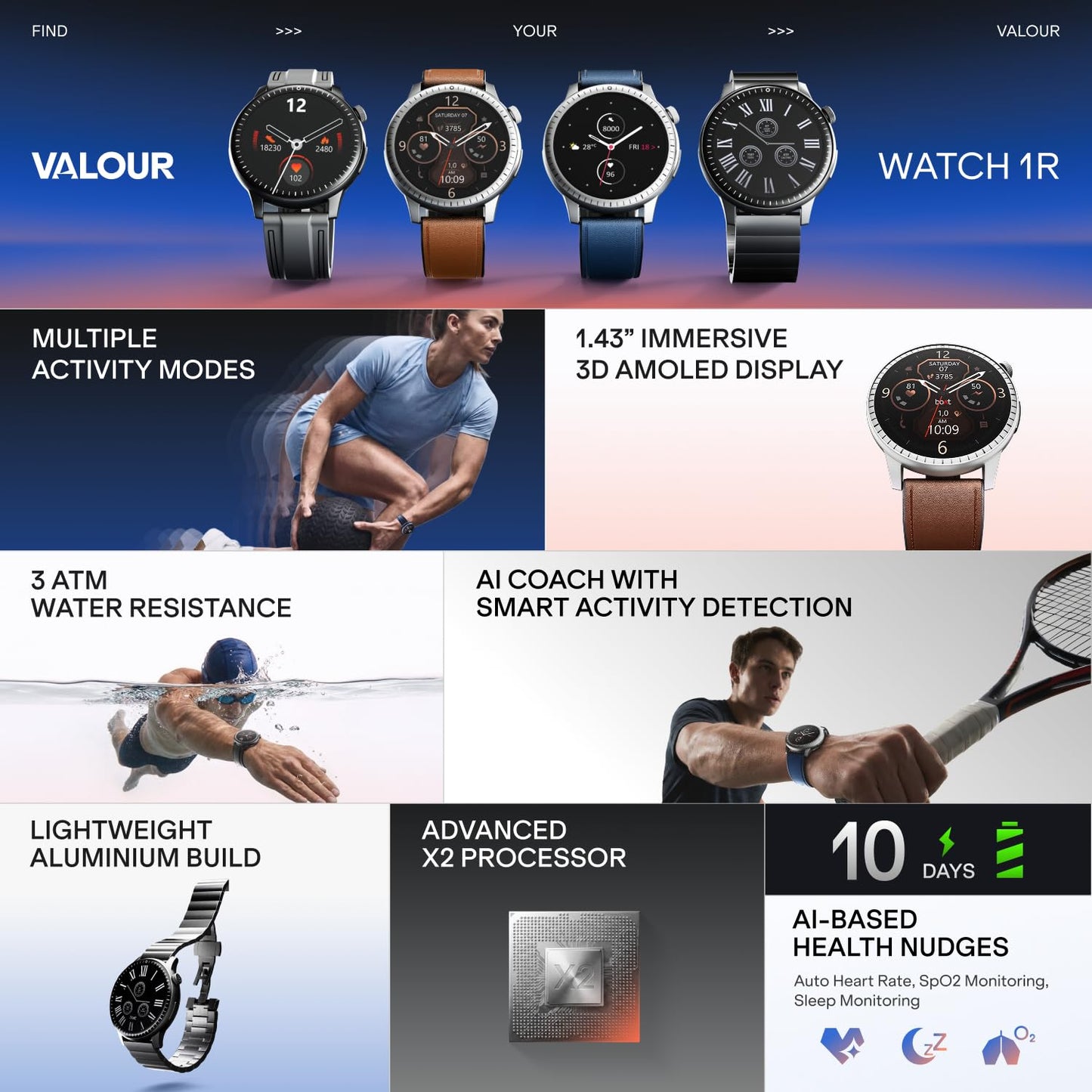 Boat Valour Watch 1 R, AI Smart Habit Builder, 1.43" 3D Immersive AMOLED Display, 1000 nits, Light-Weight Aluminium Build 3 ATM, 10 Days Battery Life, Smart Watches for Man (Oak Leather)