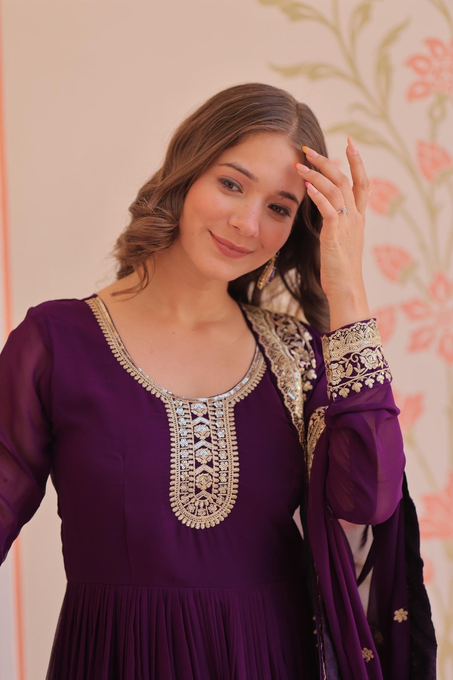 Mehervaa by vinni Purple Anarkali Suit with Gold Embroidery, Long Sleeve Ethnic Dress, Dupatta Included, Traditional Indian Wear (IN, Alpha, L, Regular)