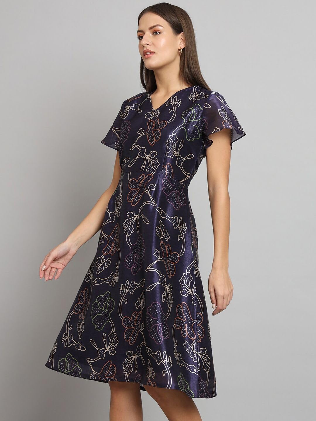 Powersutra Printed Silk Dress for Women | A-line Dress for Women | Office Wear | Blue
