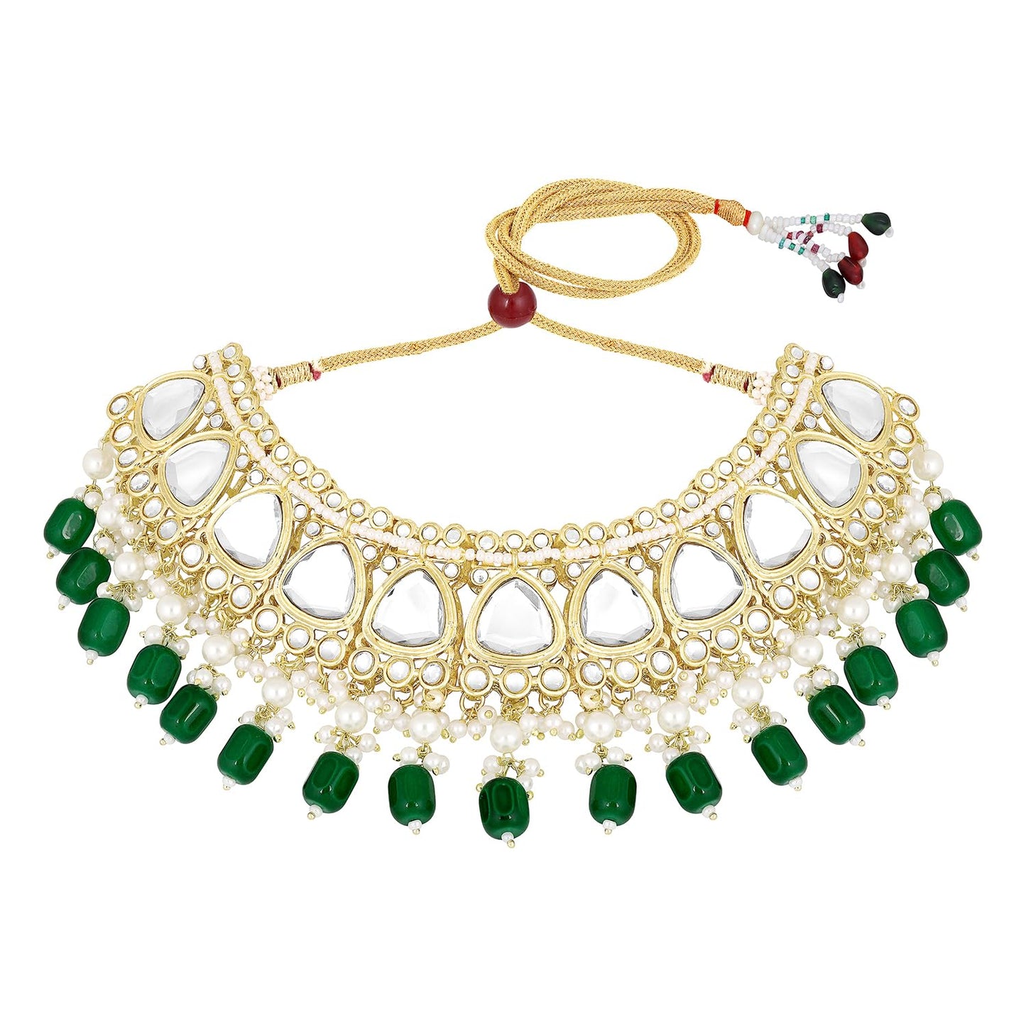 Peora Gold Plated Green Kundan Studded Choker Long Necklace Maangtikka Nathiya Earrings Finger Ring Bridal Jewellery Set for Women