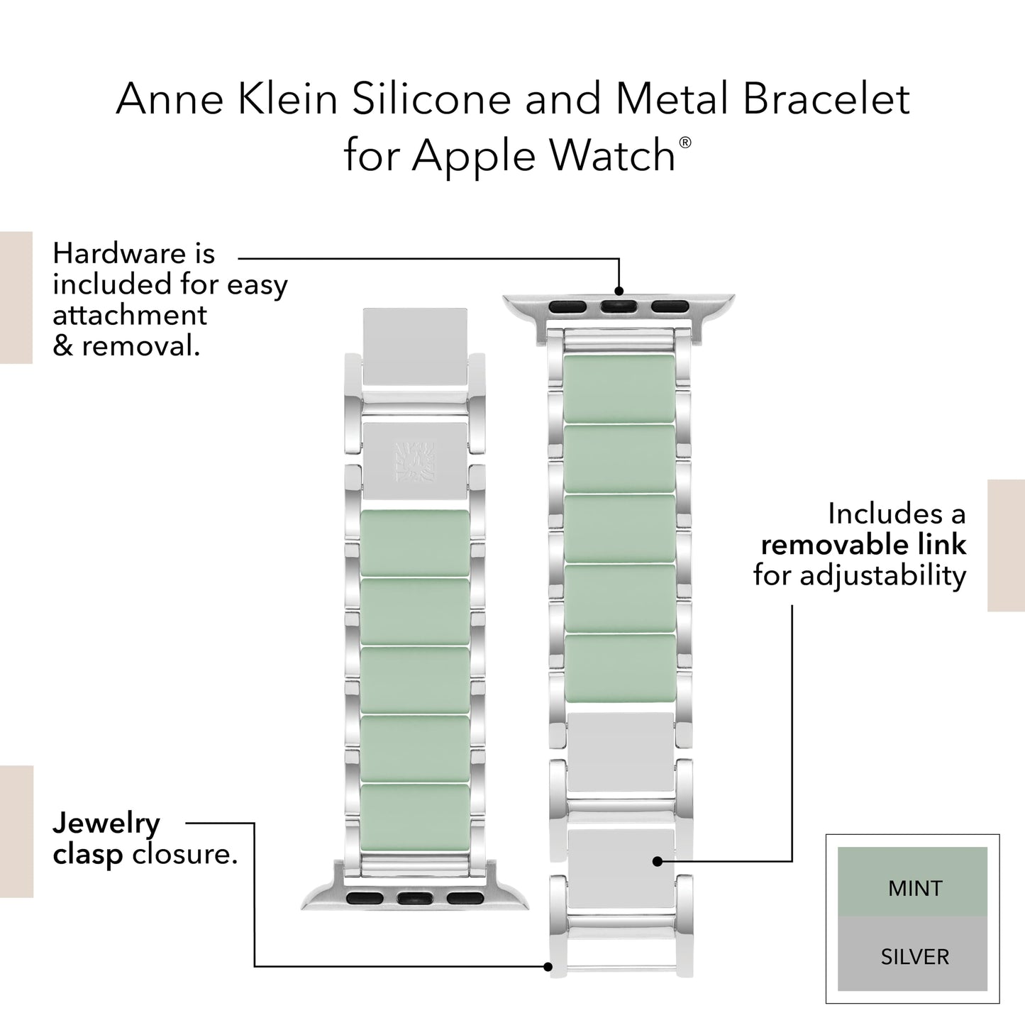 Anne Klein Silicone Fashion Bracelet for Apple Watch, Secure, Adjustable, Apple Watch Replacement Band, Fits Most Wrists, Green