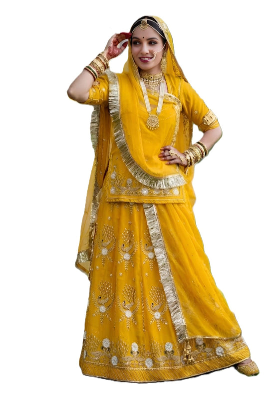 SHYAMLATA Fancy Heavy Embroidery Work Shimmer Silk Semi-stitched Traditional Lehenga choli For Women (Yellow E)