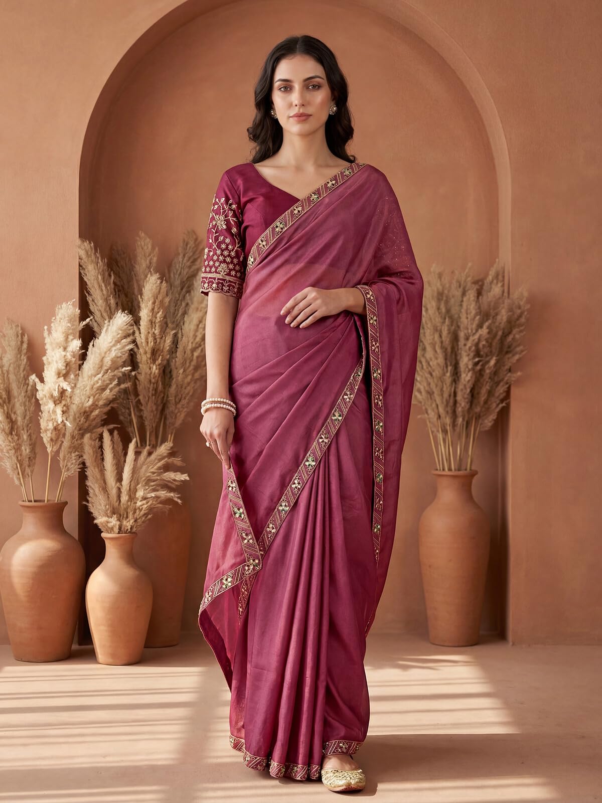 SIRIL Women's Shimmer Georgette Embroidery Saree with Unstitched Blouse Piece (4999S764A_Dusty Rose Pink)