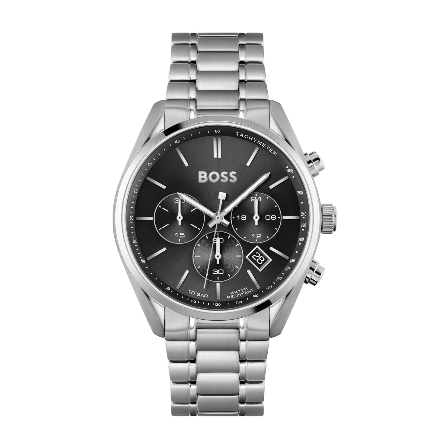 BOSS Champion Qtz Fashion Chrono Black Round Dial Men's Analog Watch|Stainless Steel Material|Silver Color Band - 1513871