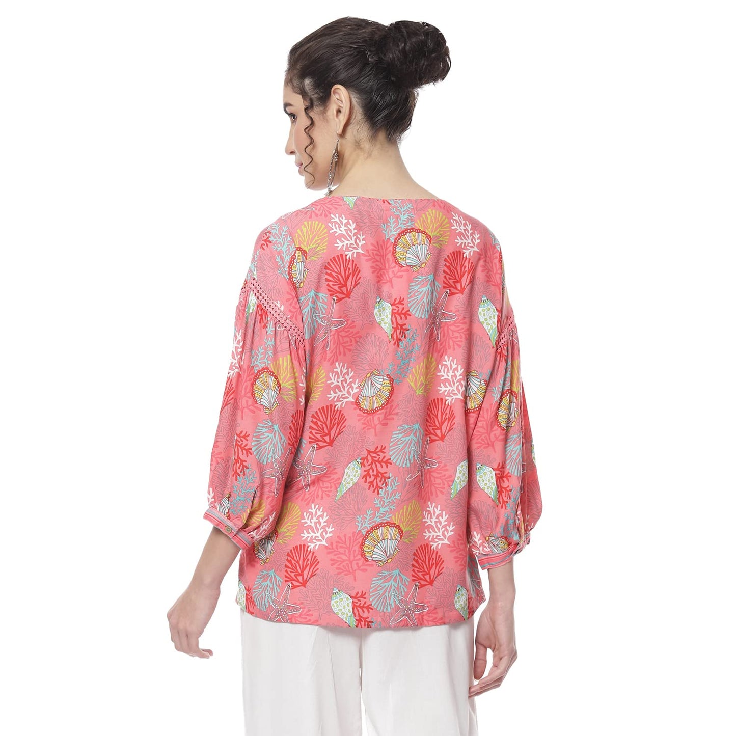 Rangriti Women's Coral Printed Straight Viscose Ethnic Top (RMMEASY BRE18098_M)