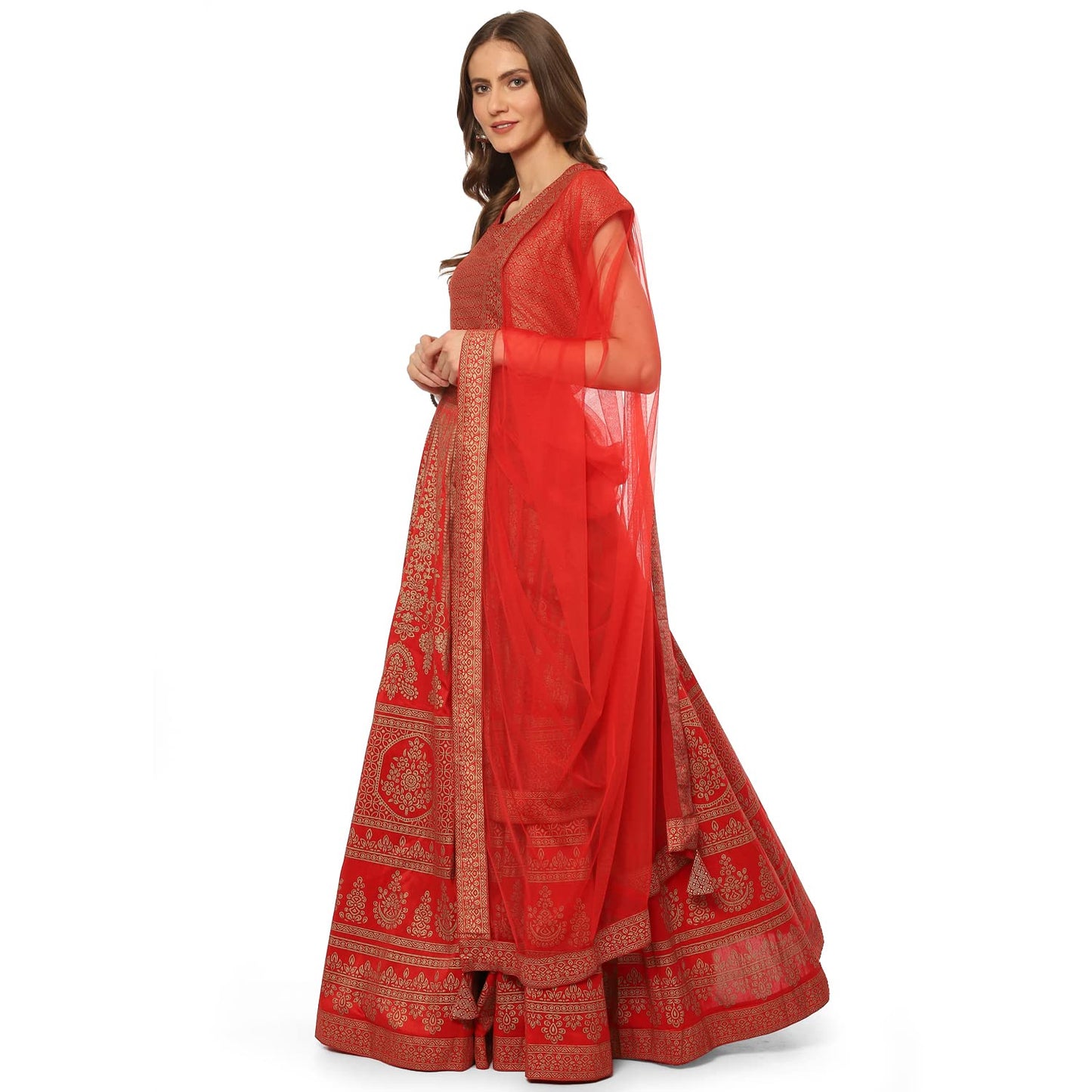 BIBA Women's Tomato Red Art Silk Readymade Lehenga Choli Set