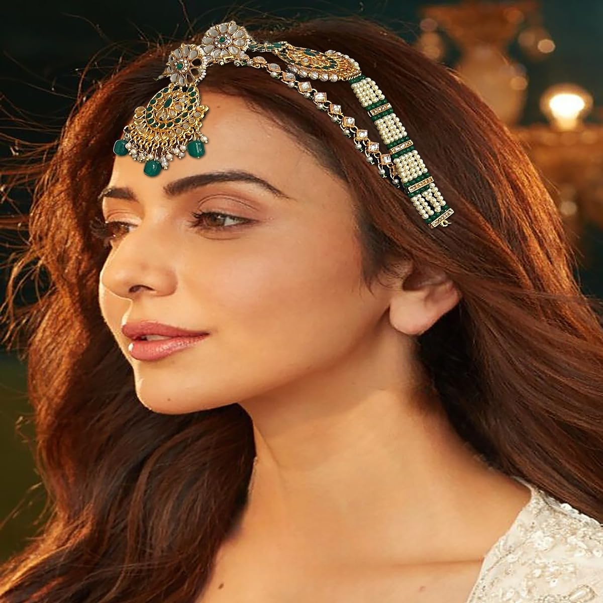 Accessher Gold Plated Traditional Kundan & Pearl Bridal Mathapatti/Sheeshphool with Transparent Invisible Maangtikka Supporter for Women & Girls.