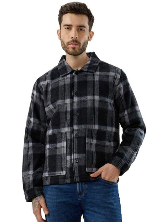 Status Quo Men's Wool Blend Checked Pattern Regular Fit Shacket | 100% Polyester | BLACK | 4XL Size